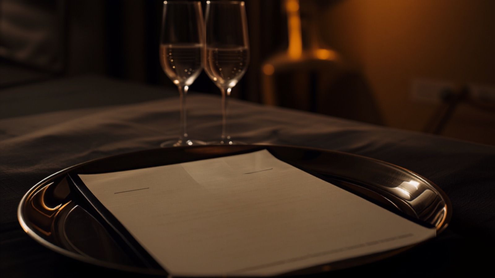 Carte de room service posée sur un plateau avec deux coupes de champagne