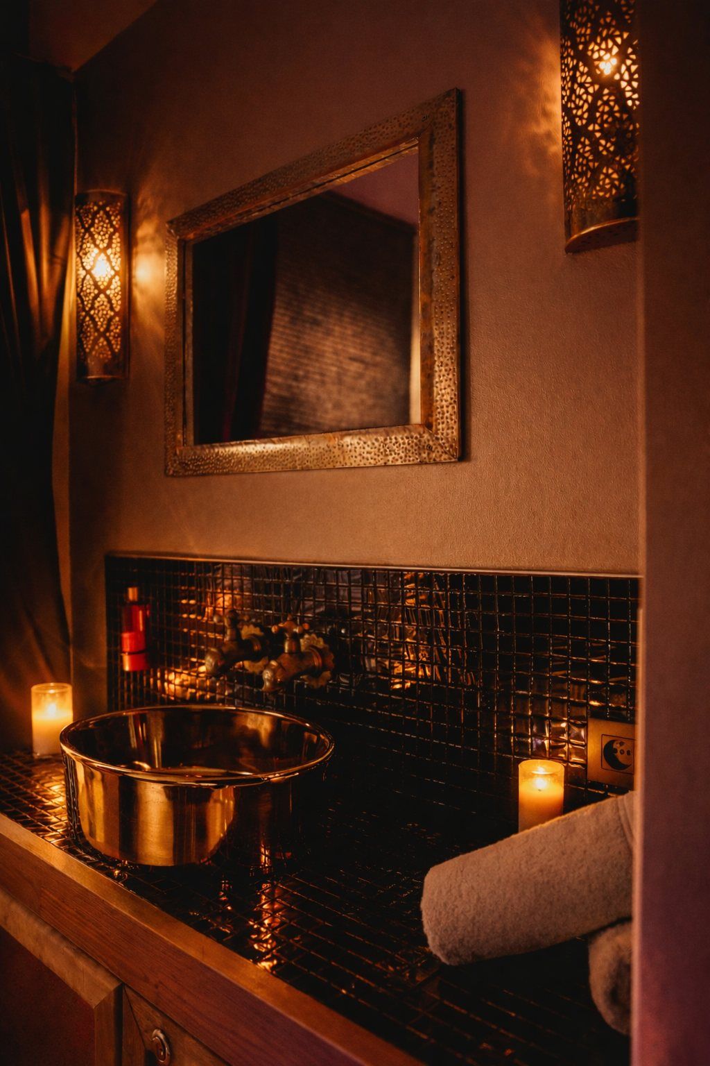Salle d’eau de la chambre Jaipur Salle d'eau de la chambre Jaipur : vasque en laiton, mosaïque et bougies — Ô Secret Liège