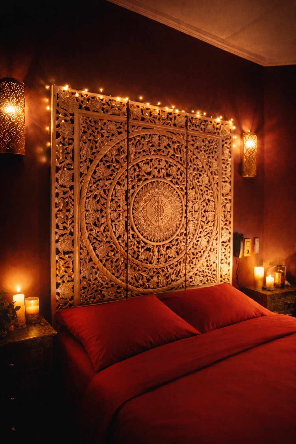 Tête de lit indienne sculptée et guirlande lumineuse de la chambre Jaipur Tête de lit indienne sculptée et guirlande lumineuse de la chambre Jaipur — Ô Secret Liège
