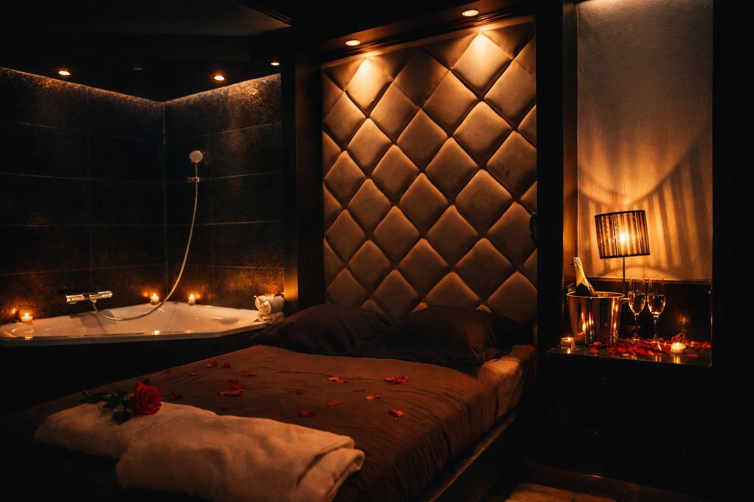 Chambre La Coquine de l'hôtel Ô Secret à Liège : bain à remous privatif et tête de lit capitonnée