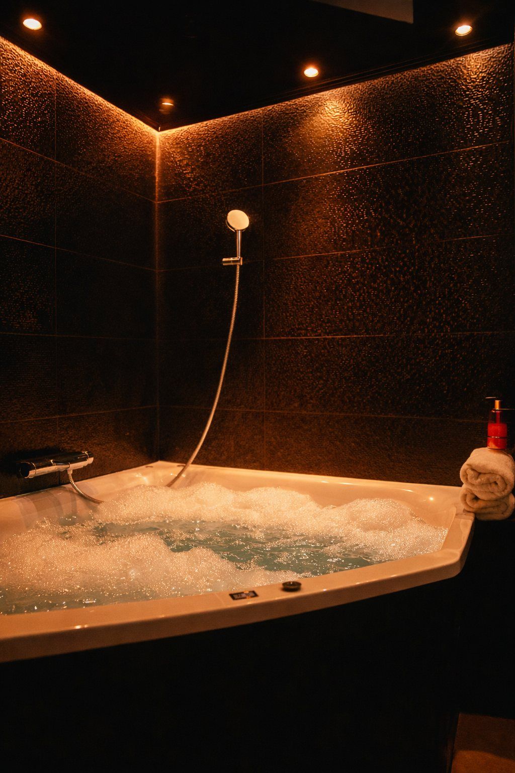 Bain à remous privatif de la chambre La Coquine, mosaïque noire Bain à remous privatif de la chambre La Coquine, mosaïque noire — hôtel jacuzzi privatif à Liège