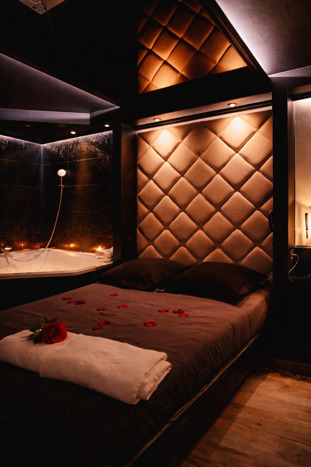 Chambre La Coquine Chambre La Coquine : lit et tête de lit capitonnée, ambiance tamisée — Ô Secret Liège